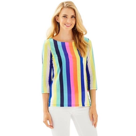 LILLY PULITZER Waverly Top In Multi Sun Stripe 3/4 Sleeve Pima Cotton Blouse XS - Picture 1 of 16